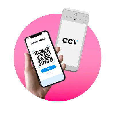 A smartphone showing a QRcode next to the CCV Mobile A920 payment terminal A smartphone showing a QRcode next to the CCV Mobile A920 payment terminal