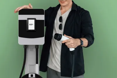 A man holding a charger next to an EV charging station A man holding a charger next to an EV charging station