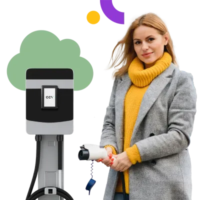 Woman charging at EV charging station Woman charging at EV charging station